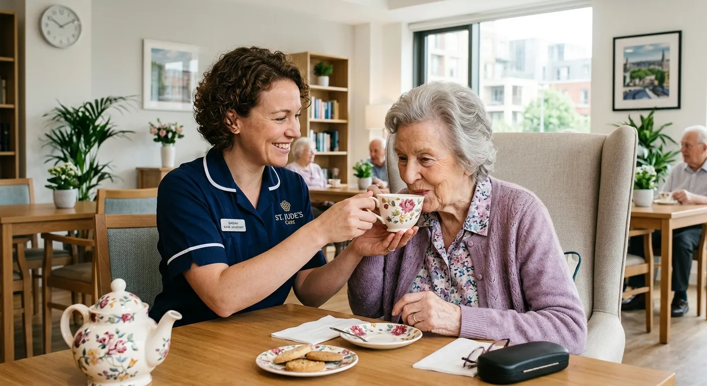 A professional, warm photo of a Care Assistant in a modern London care home setting, smiling and ass... A professional, warm photo of a Care Assistant in a modern London care home setting, smiling and assisting a resident with a cup of tea. The image should convey compassion, professionalism, and a clean, bright environment.