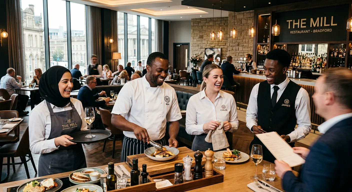 A dynamic, high-energy photograph of a diverse team of hospitality professionals smiling and working together in a modern, upscale Bradford hotel restaurant. The style should be bright, professional, and inviting.