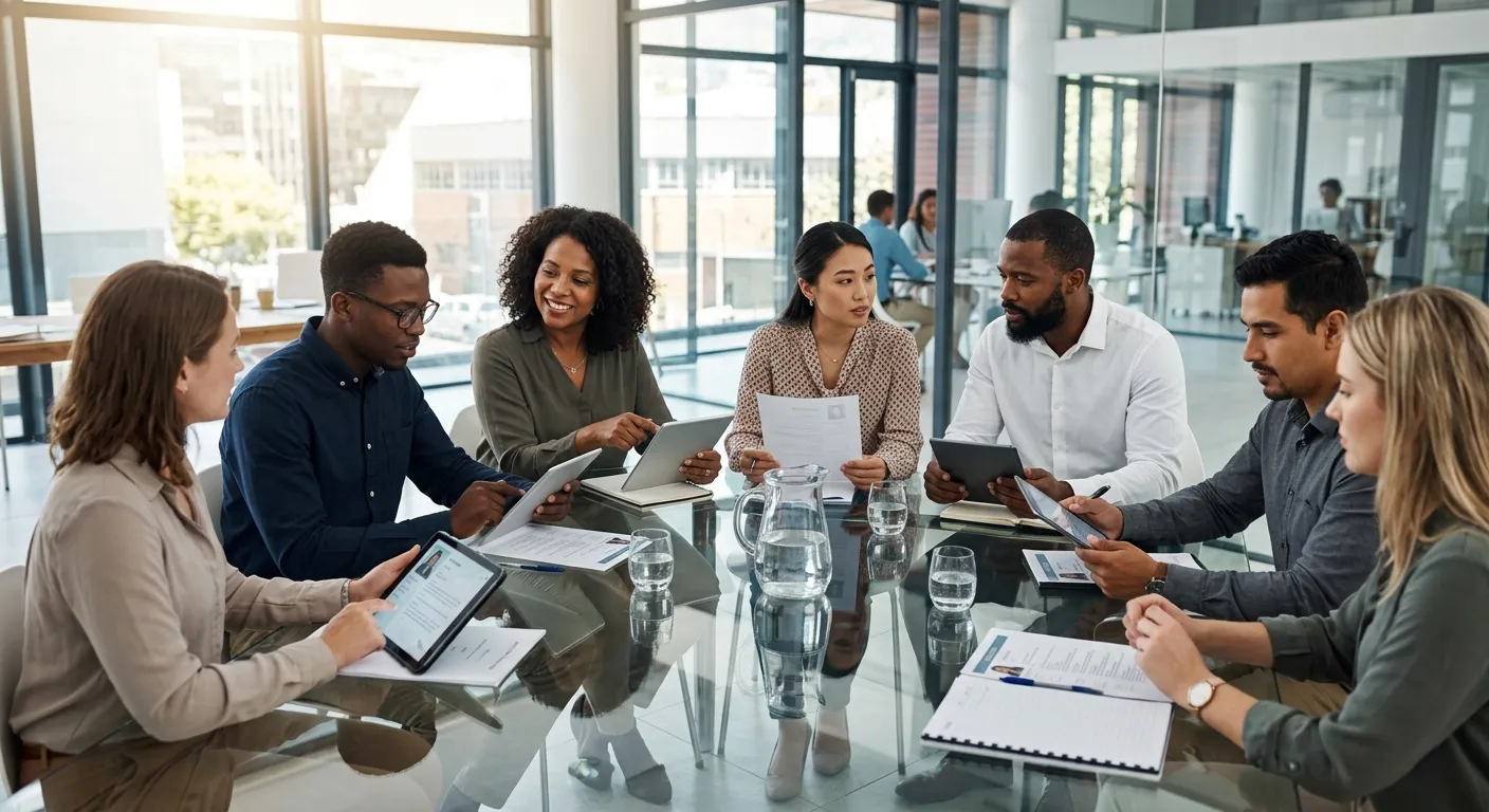 A diverse group of HR professionals and job candidates sitting around a modern glass conference table, reviewing digital tablets and resumes together. Warm natural light, bright professional office setting, collaborative mood, candid professional photography style with deep focus and high contrast.