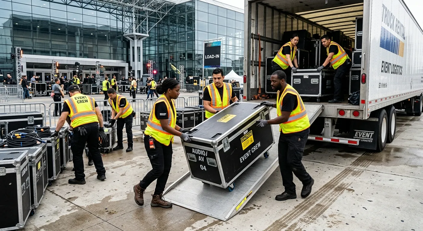 A dynamic, high-energy shot of a professional, diverse load in crew in high-vis vests efficiently unloading equipment from a truck at a large event venue. The mood is professional, focused, and collaborative, showcasing teamwork and precision.