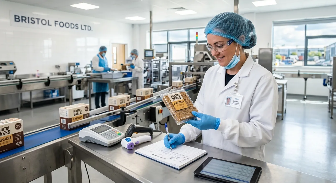 Professional photo of a Quality Control Inspector in a modern, hygienic food production facility in Bristol, wearing a white lab coat and safety gear, carefully inspecting packaged goods. The style should be bright, clean, and professional, conveying trust and precision.