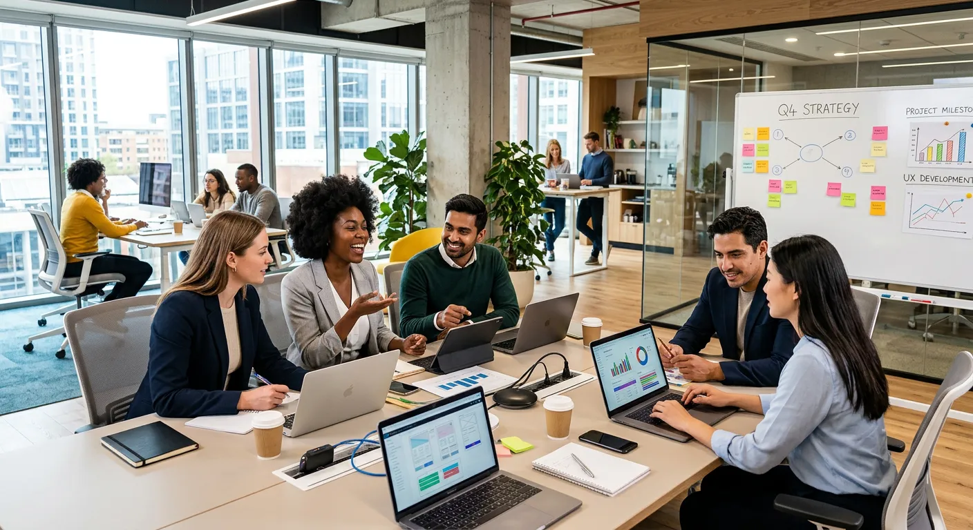 A modern, diverse team of professionals collaborating in a bright, open-plan office. Style is profes... A modern, diverse team of professionals collaborating in a bright, open-plan office. Style is professional and aspirational, with a focus on teamwork and technology. Mood is optimistic and productive.