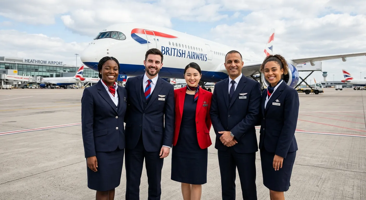 A dynamic, professional photograph of a diverse, smiling cabin crew team in crisp uniforms, standing confidently in front of a modern aircraft at Heathrow Airport. Bright, aspirational lighting, focus on professionalism and teamwork.