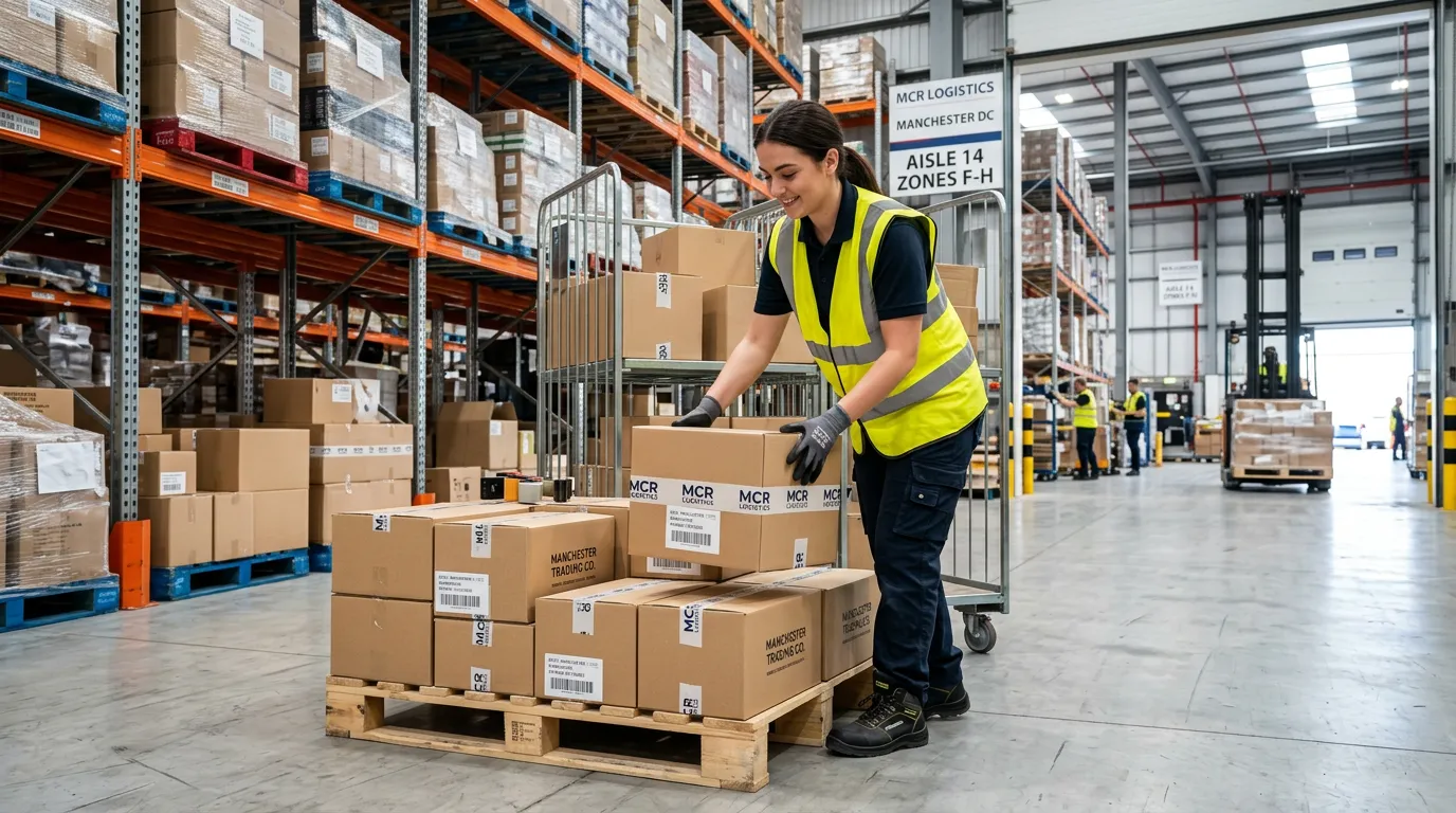 A dynamic, professional hero image showing a focused warehouse operative in a clean, modern distribu... A dynamic, professional hero image showing a focused warehouse operative in a clean, modern distribution centre in Manchester, efficiently packing boxes onto a pallet. The image should convey a sense of productivity and opportunity, with the worker wearing a high-vis vest and safety boots, surrounded by organised shelving.
