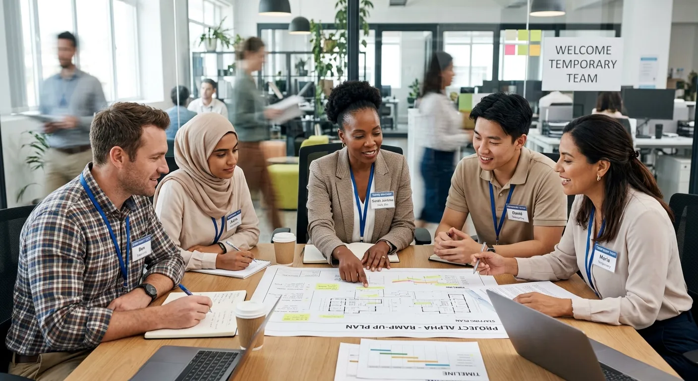 A professional, high-resolution image of a diverse team of temporary workers and a hiring manager in a modern office setting, reviewing a project plan together. The mood is collaborative, efficient, and productive. Use a shallow depth of field to focus on the documents and people.