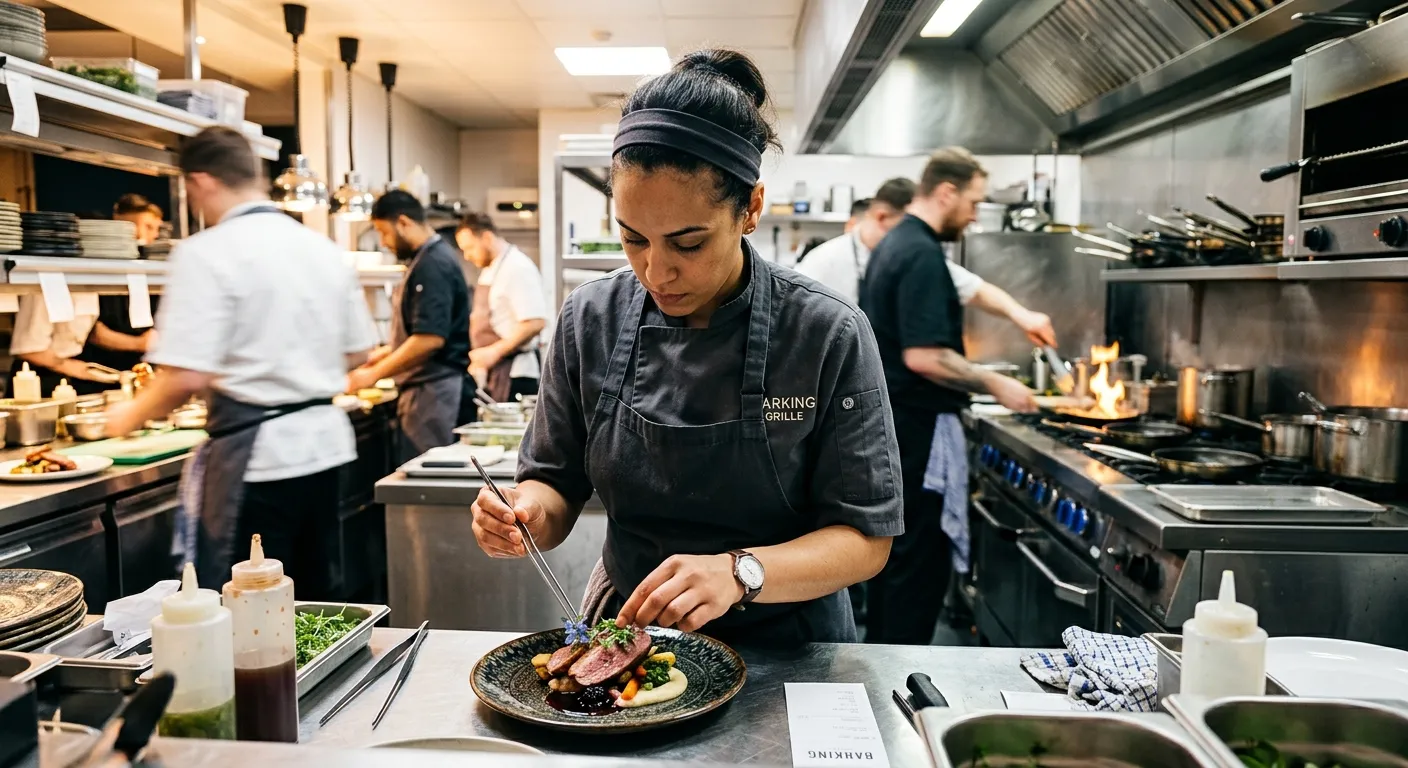 A professional, high-energy photograph of a Sous Chef in a modern Barking kitchen, expertly garnishing a plate in a bustling commercial setting. The mood is dynamic, skilled, and professional.