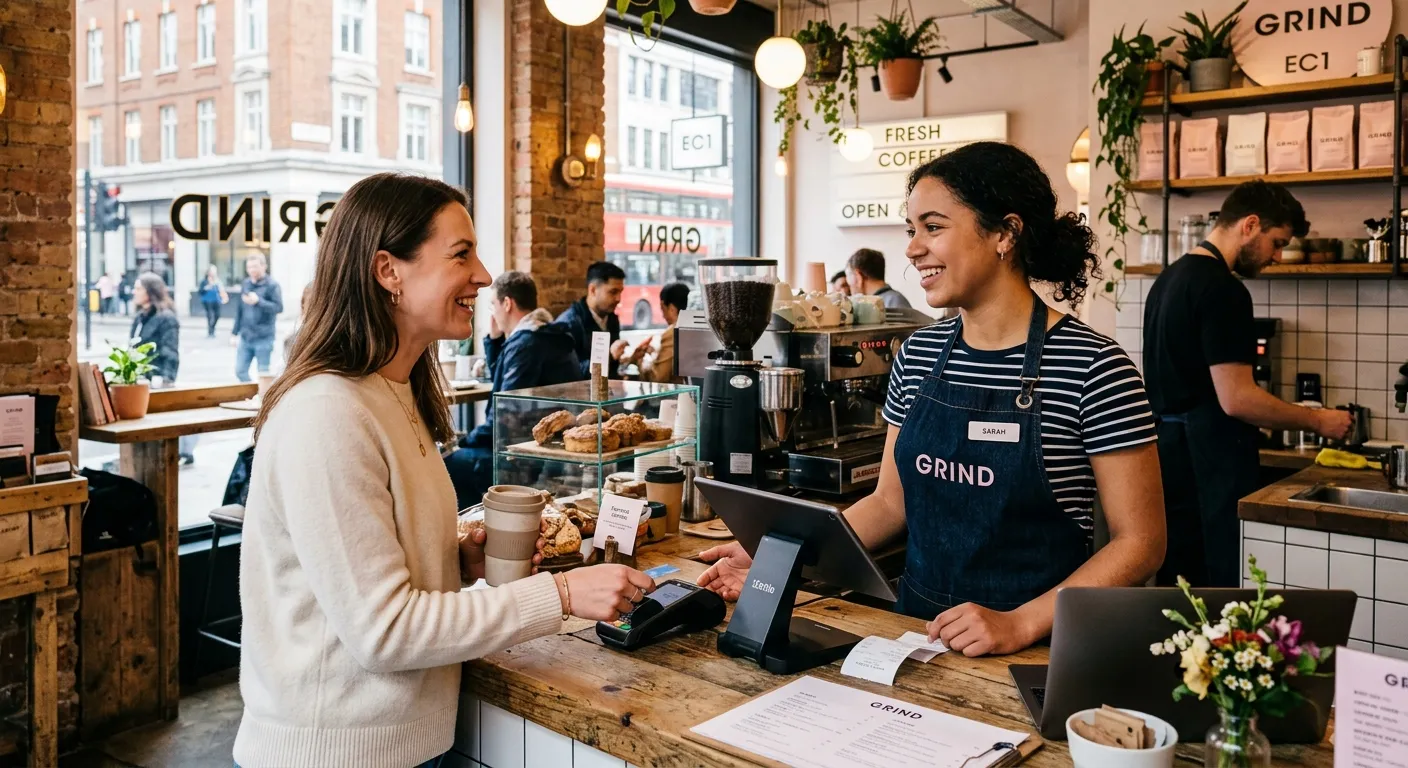 A professional, well-lit photo of a friendly Shop Assistant in a modern London EC1 retail or cafe environment, assisting a customer at a counter. The style should be authentic and aspirational, showcasing a positive workplace atmosphere.