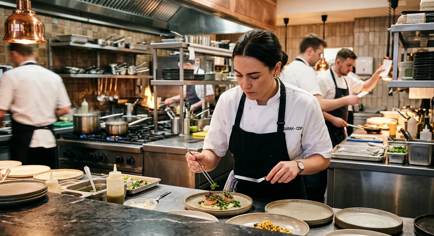 A dynamic, professional kitchen scene in a high-end Southampton restaurant. A focused Chef de Partie... A dynamic, professional kitchen scene in a high-end Southampton restaurant. A focused Chef de Partie is meticulously plating a dish, with other kitchen staff in the background. The style is sharp, modern, and conveys expertise and bustling energy.