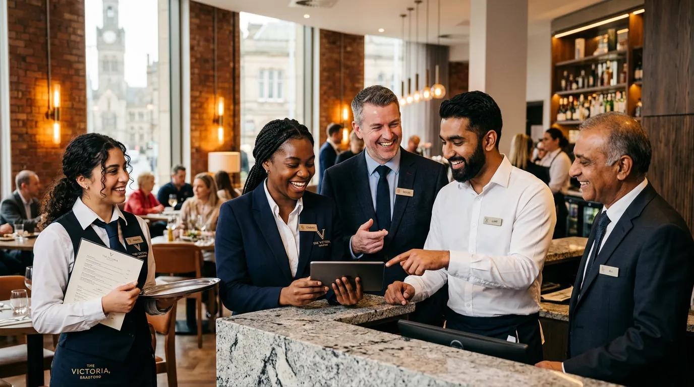 A dynamic, professional hero image showing a diverse team of hospitality professionals in a modern Bradford hotel or restaurant setting, smiling and collaborating. The mood is energetic, welcoming, and professional.