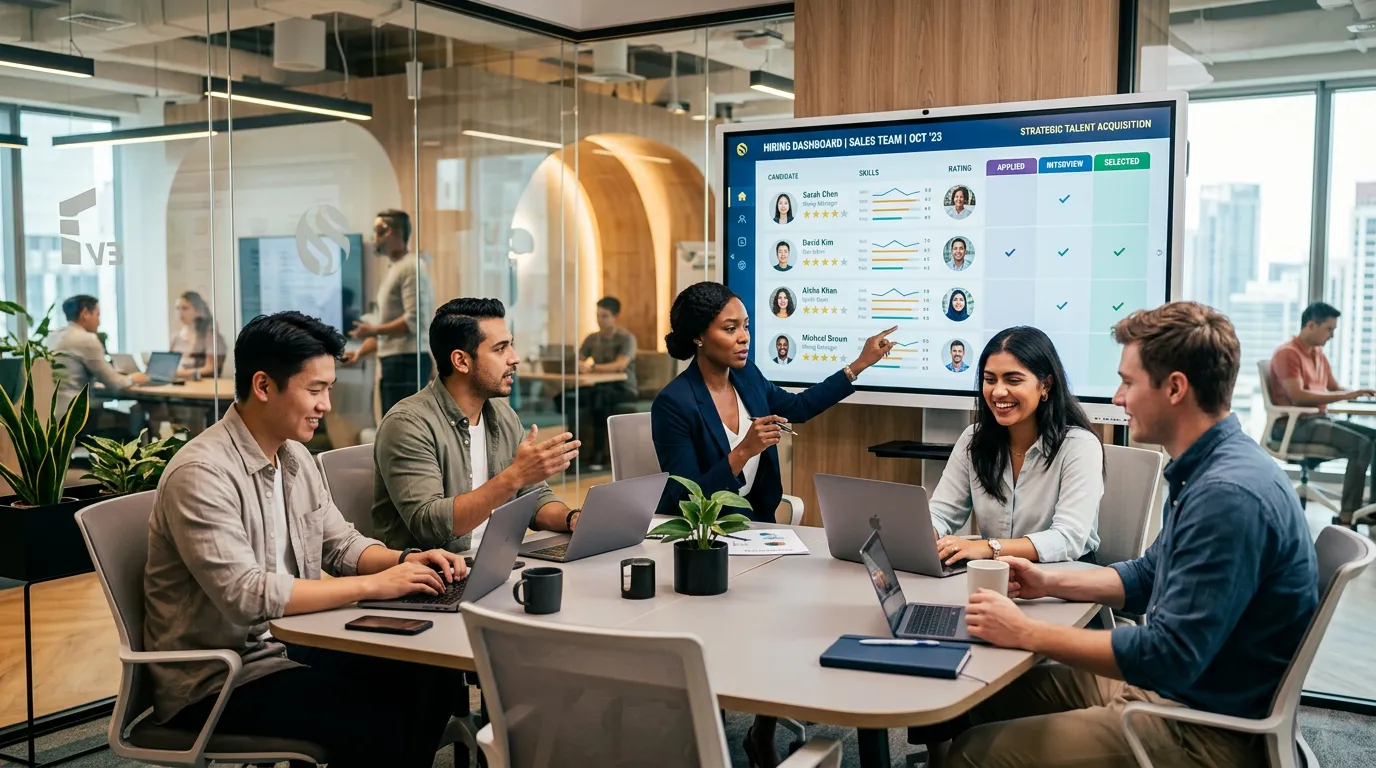 A modern, dynamic hero image showing a diverse team of professionals in a collaborative office setti... A modern, dynamic hero image showing a diverse team of professionals in a collaborative office setting, with a hiring manager reviewing candidate profiles on a digital dashboard. Style: Professional, vibrant, and forward-looking. Mood: Energetic, efficient, and strategic.
