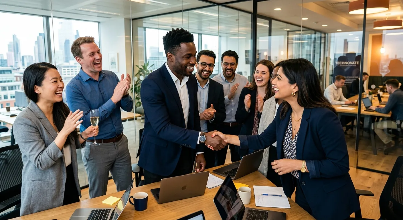 A dynamic, high-contrast hero image showing a diverse group of professionals in a modern office sett... A dynamic, high-contrast hero image showing a diverse group of professionals in a modern office setting, shaking hands and collaborating. Focus on expressions of success and partnership. Style: Professional corporate photography with vibrant, sharp details.