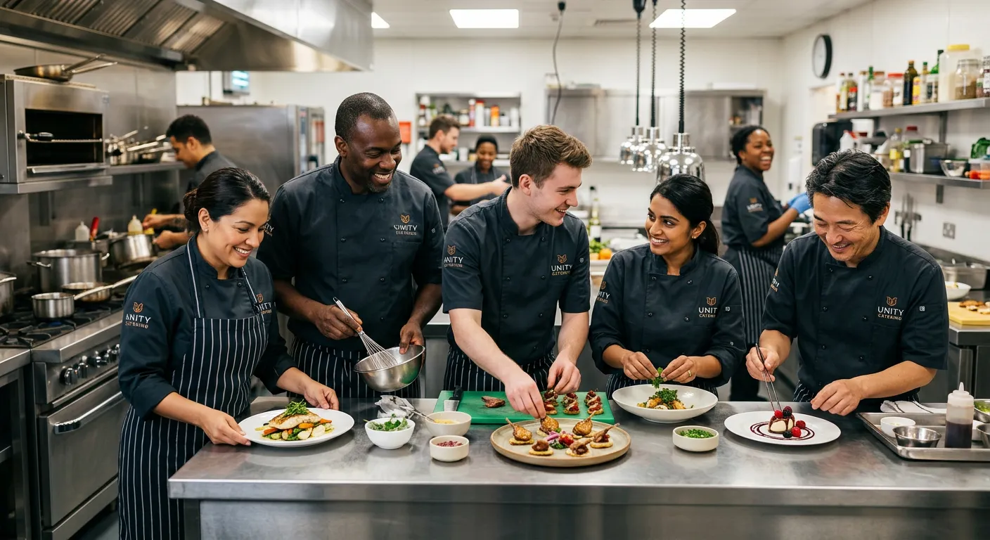 A dynamic, professional hero image showing a diverse team of catering and hospitality professionals... A dynamic, professional hero image showing a diverse team of catering and hospitality professionals in a modern kitchen environment, collaborating and smiling. The mood is energetic, competent, and forward-thinking, with a slightly blurred background to emphasize the people.