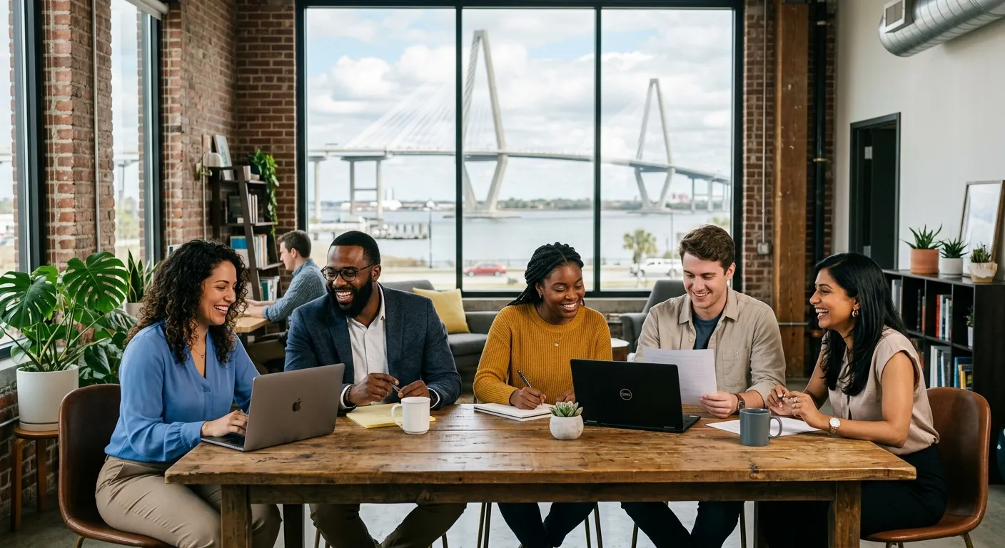 A modern, diverse group of temporary professionals smiling in a collaborative Charleston office sett... A modern, diverse group of temporary professionals smiling in a collaborative Charleston office setting, with the Ravenel Bridge subtly visible in the background through a window. Bright, professional, and welcoming mood.