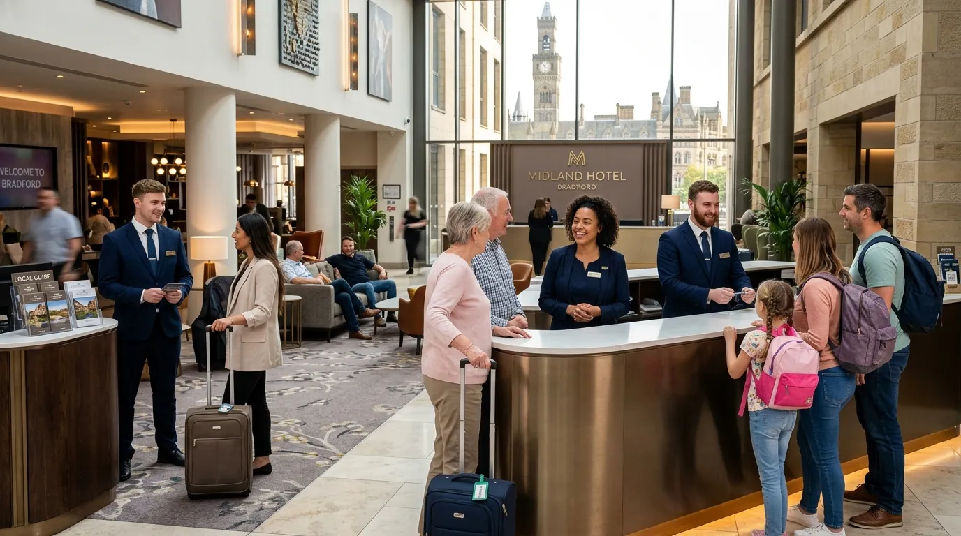 A vibrant, professional hero image showing a diverse team of hospitality professionals in a modern Bradford hotel lobby, smiling and interacting with guests. The mood is welcoming, energetic, and professional.