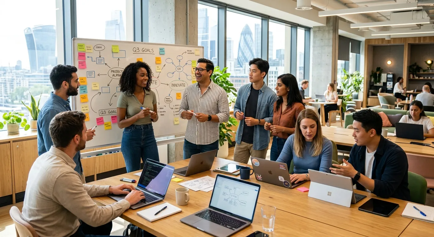 A diverse team of modern professionals collaborating in a bright, sunlit office with laptops and whiteboards. Style: Professional, vibrant, and aspirational. Mood: Collaborative, innovative, and forward-thinking.