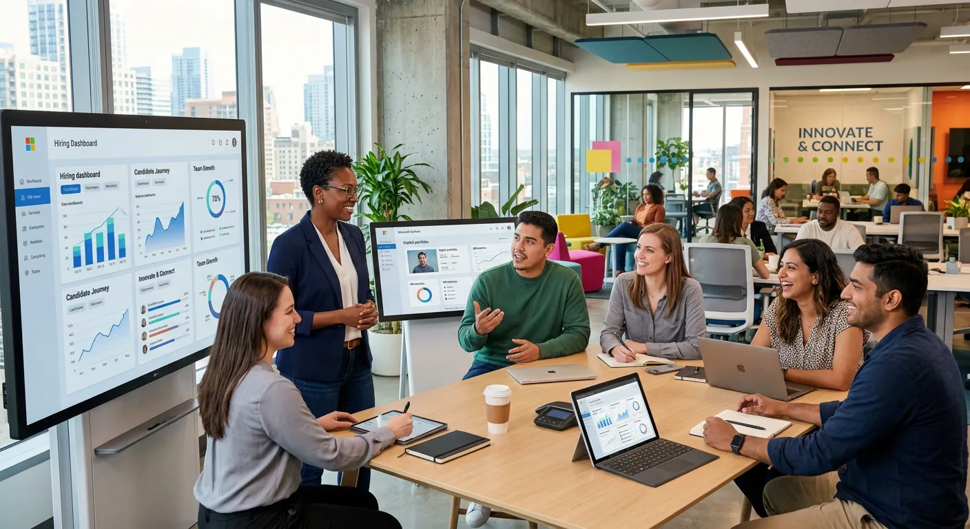 A modern, diverse group of HR professionals and candidates collaborating in a bright, open-plan offi... A modern, diverse group of HR professionals and candidates collaborating in a bright, open-plan office with technology interfaces visible, conveying innovation and connection. Style: professional, bright, optimistic. Mood: collaborative and forward-thinking.