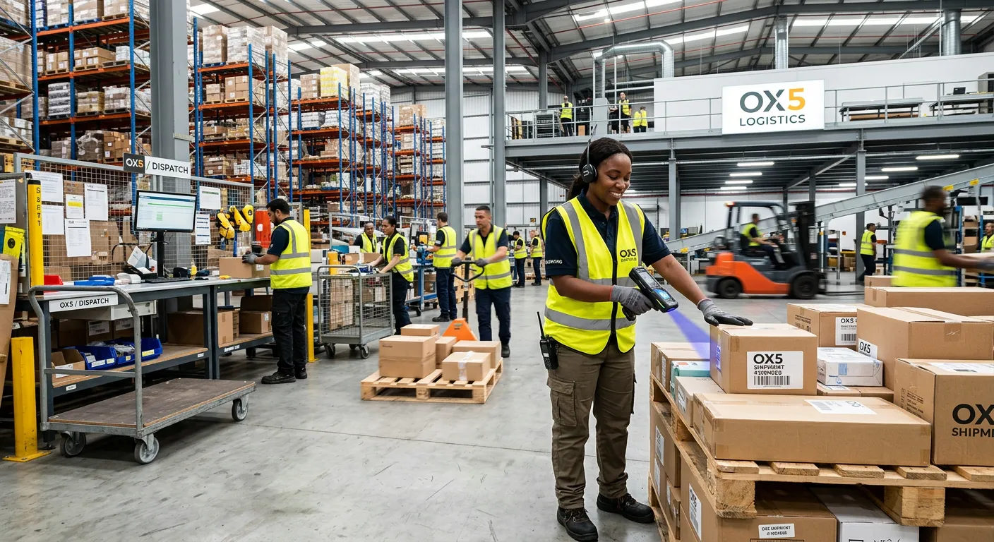 A professional, high-energy photo of a Shipping Specialist in a modern OX5 warehouse, wearing a hi-vis vest, scanning a package on a pallet. The scene is bright, busy, and conveys efficiency and teamwork.