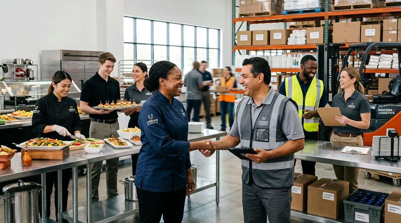 A dynamic, high-energy hero image showing a diverse team of catering and warehouse professionals in a modern workplace, shaking hands and collaborating. Professional, vibrant, and inspiring mood.