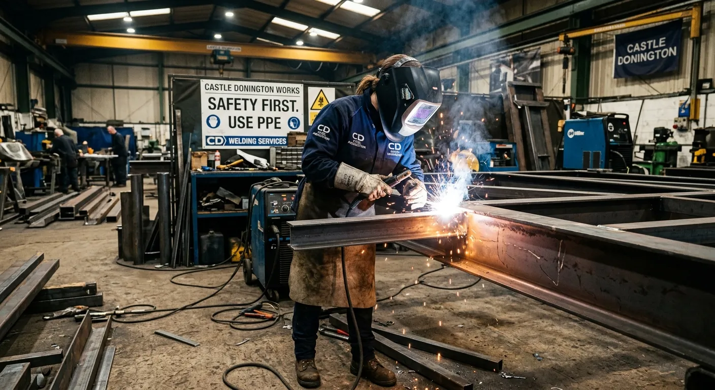 A professional welder in a workshop in Castle Donington, wearing protective gear and welding a steel structure. The image should convey skill, safety, and industrial craftsmanship.