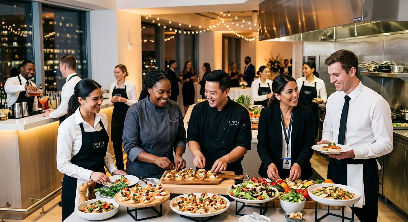 A dynamic, professional hero image showing a diverse team of catering and hospitality professionals... A dynamic, professional hero image showing a diverse team of catering and hospitality professionals in a modern kitchen or event space, collaborating and smiling. The style is bright, energetic, and high-quality, conveying success and partnership.