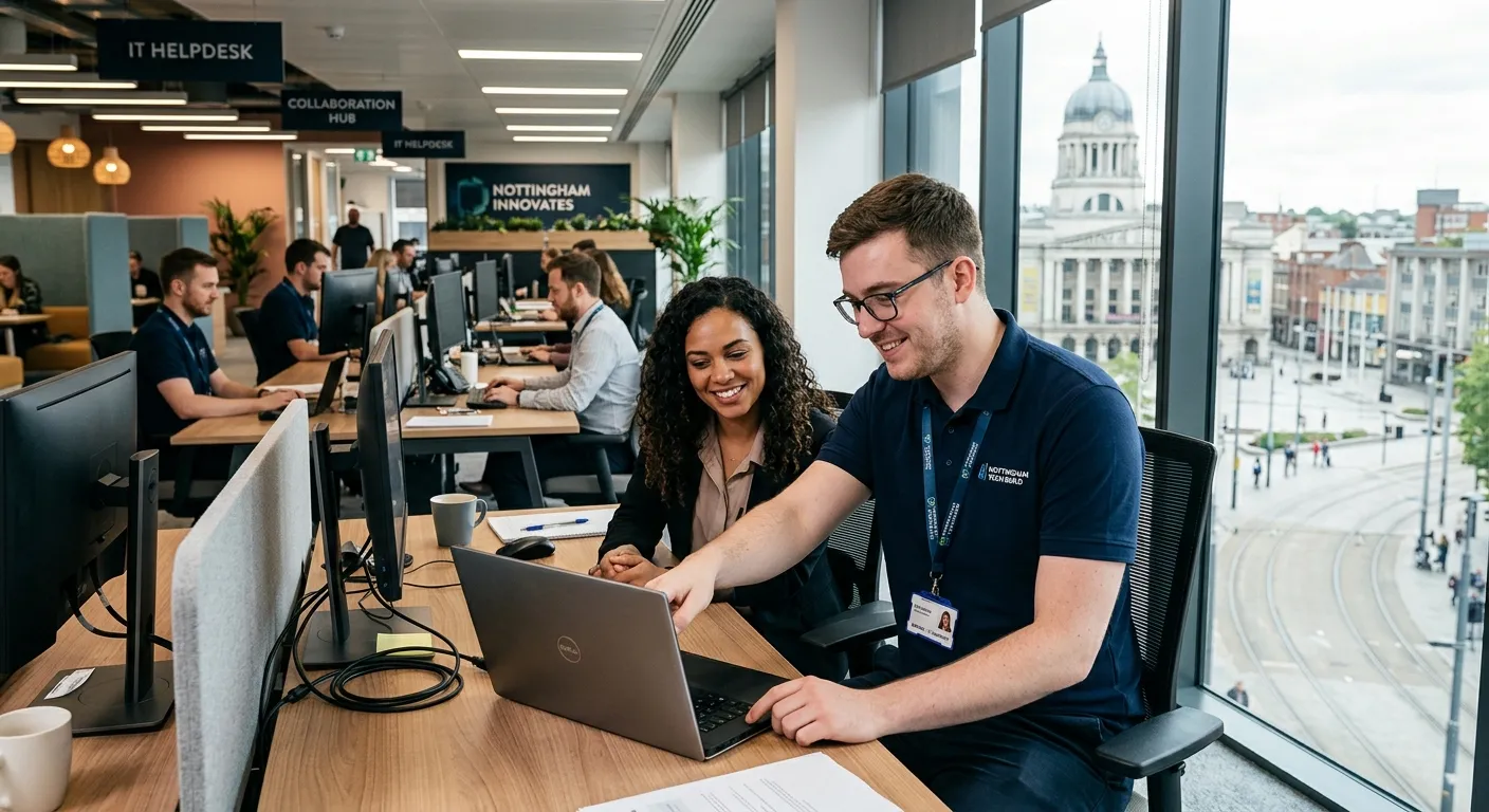 A professional, modern office environment in Nottingham city centre, showing a friendly IT Helpdesk professional assisting a colleague with a laptop, conveying a collaborative and supportive work atmosphere.