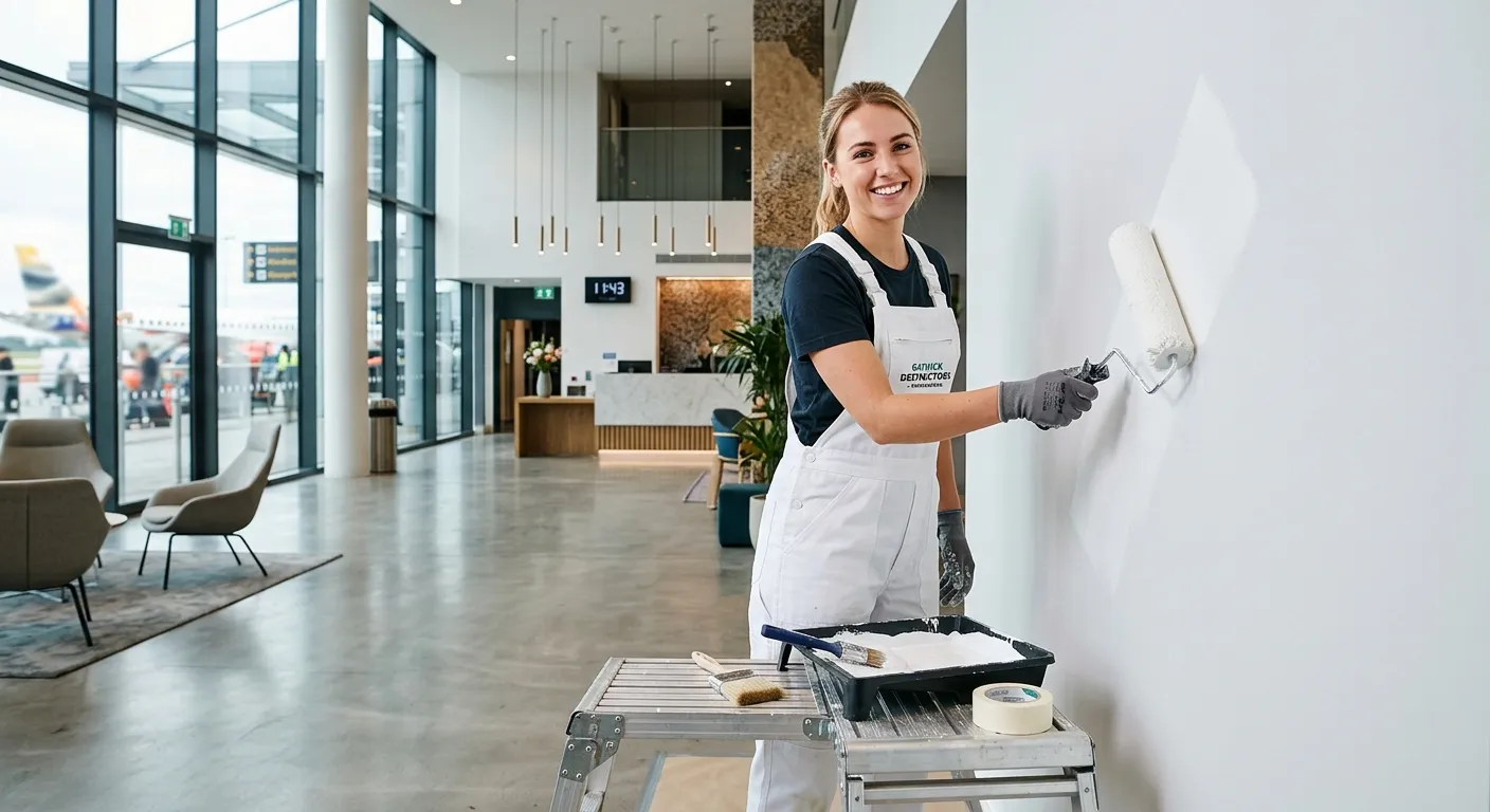A professional painter and decorator in clean overalls, smiling confidently while applying a final coat of paint to a pristine wall in a modern Gatwick office or hotel lobby, symbolising quality and immediate availability.