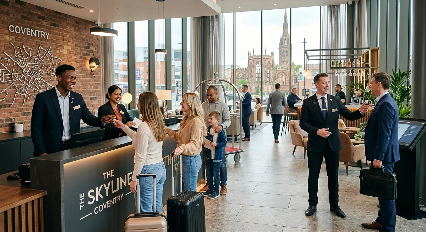 A vibrant, professional photograph of a diverse team of hospitality staff in a modern Coventry hotel lobby, smiling and interacting with guests. The style is bright, welcoming, and dynamic, showcasing the energy of the sector.
