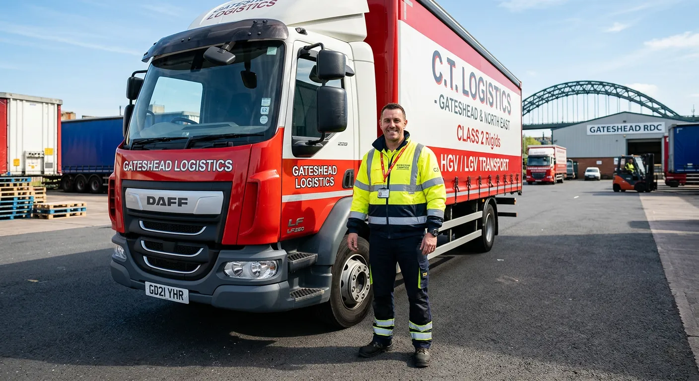 Professional hero image showing a confident HGV Class 2 Driver in high-visibility clothing, smiling and standing next to a well-maintained rigid lorry in a Gateshead-based logistics yard. Bright, clear day, conveying reliability and opportunity.