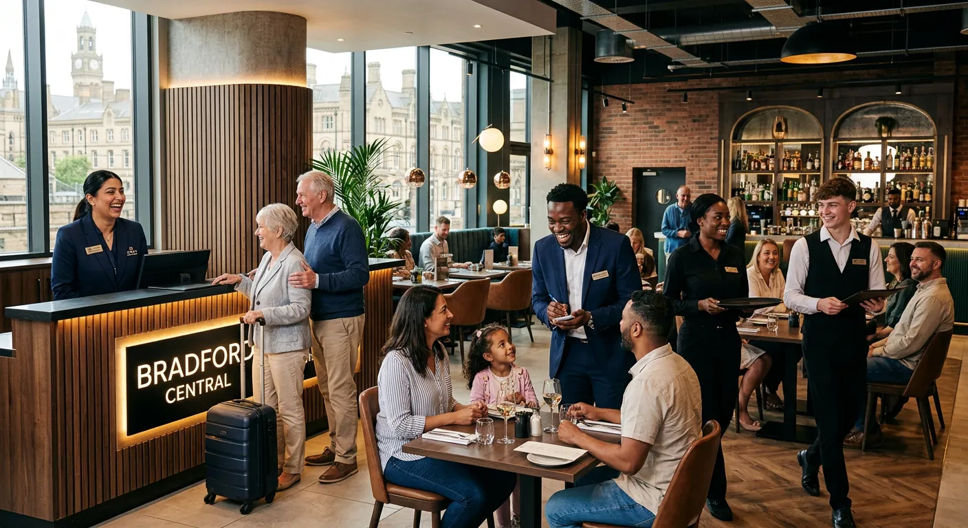 A dynamic, professional hero image showing a diverse team of hospitality professionals in a modern B... A dynamic, professional hero image showing a diverse team of hospitality professionals in a modern Bradford hotel lobby or restaurant, smiling and interacting with guests. The mood is welcoming, energetic, and upscale.