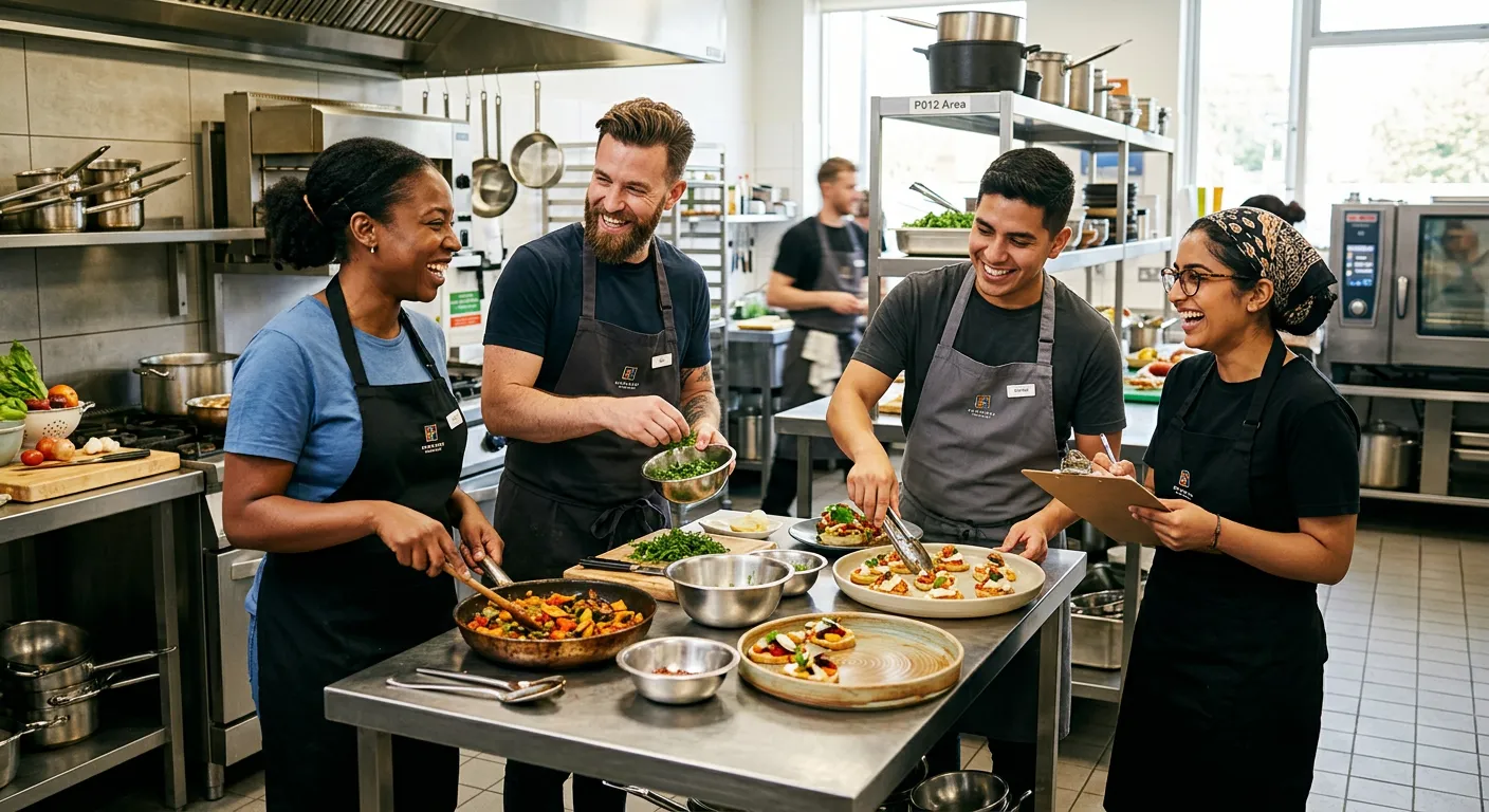 A professional and dynamic photo of a diverse group of agency staff in a modern catering kitchen, smiling and collaborating. The style should be bright, energetic, and convey a sense of teamwork and opportunity. Focus on the PO12 area.