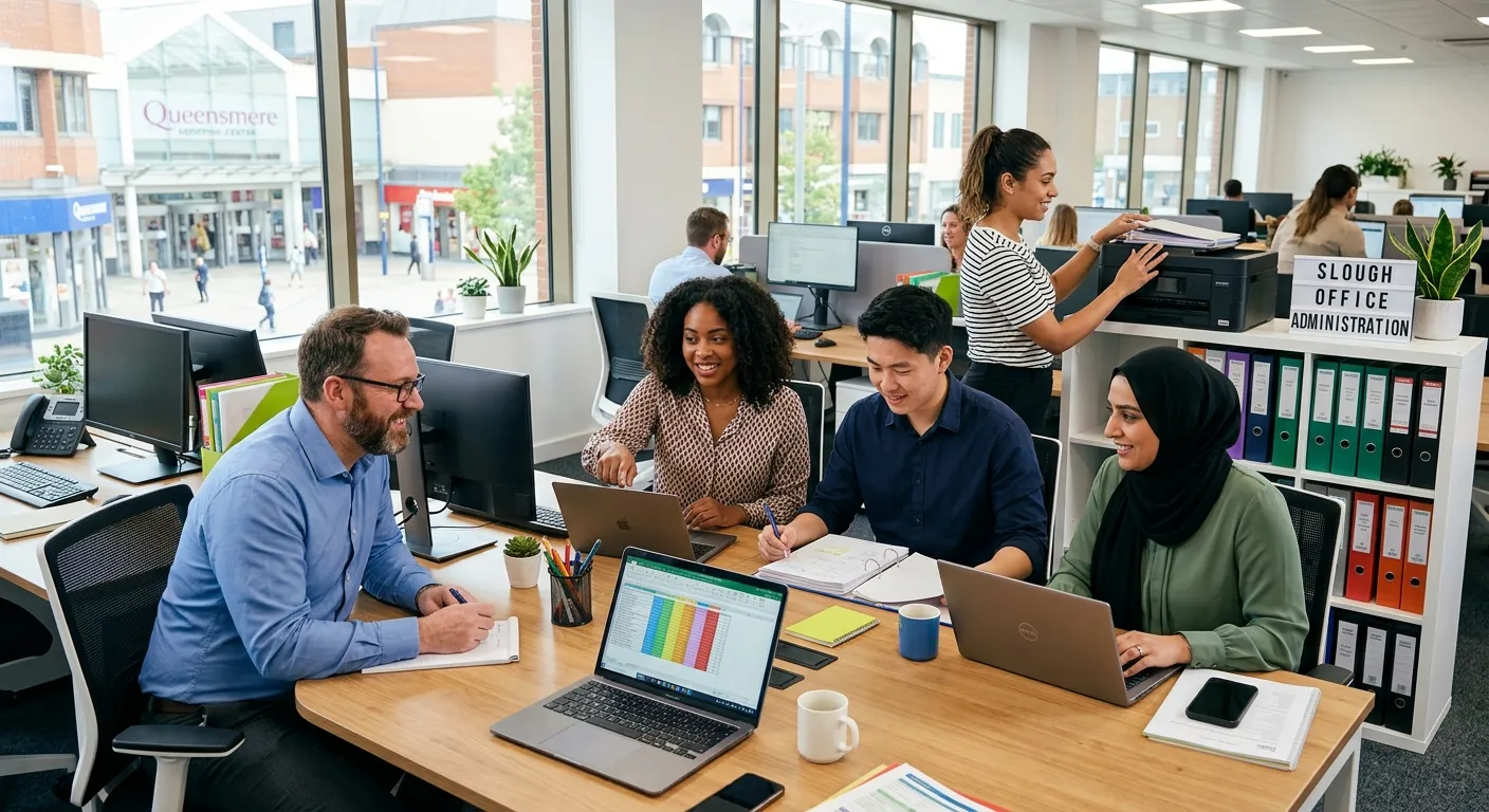 A professional, diverse team of office administrative assistants collaborating in a modern, bright o... A professional, diverse team of office administrative assistants collaborating in a modern, bright office in Slough. The image should convey efficiency, organisation, and a positive team dynamic.
