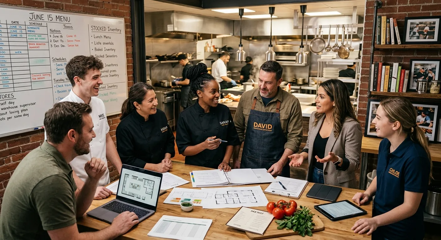 A dynamic, high-resolution photo of a diverse group of professional chefs, warehouse supervisors, an... A dynamic, high-resolution photo of a diverse group of professional chefs, warehouse supervisors, and hospitality managers in a modern, collaborative kitchen office setting. The mood is energetic, professional, and focused on teamwork.