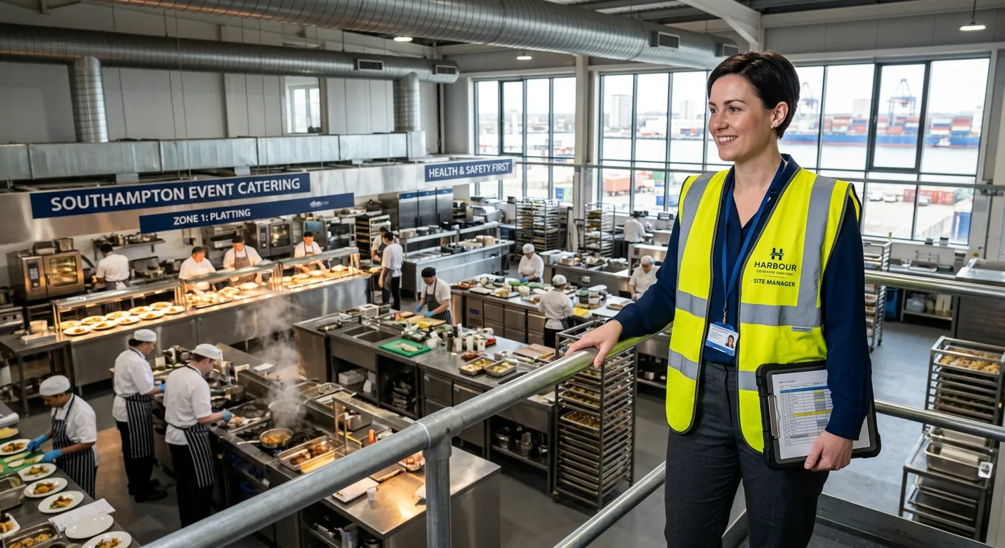 A professional, high-resolution photo of a confident Site Manager in a catering environment, wearing... A professional, high-resolution photo of a confident Site Manager in a catering environment, wearing a hi-vis vest over smart-casual attire, overlooking a bustling event kitchen or large-scale food service operation in Southampton. The mood is organised, professional, and leadership-focused.