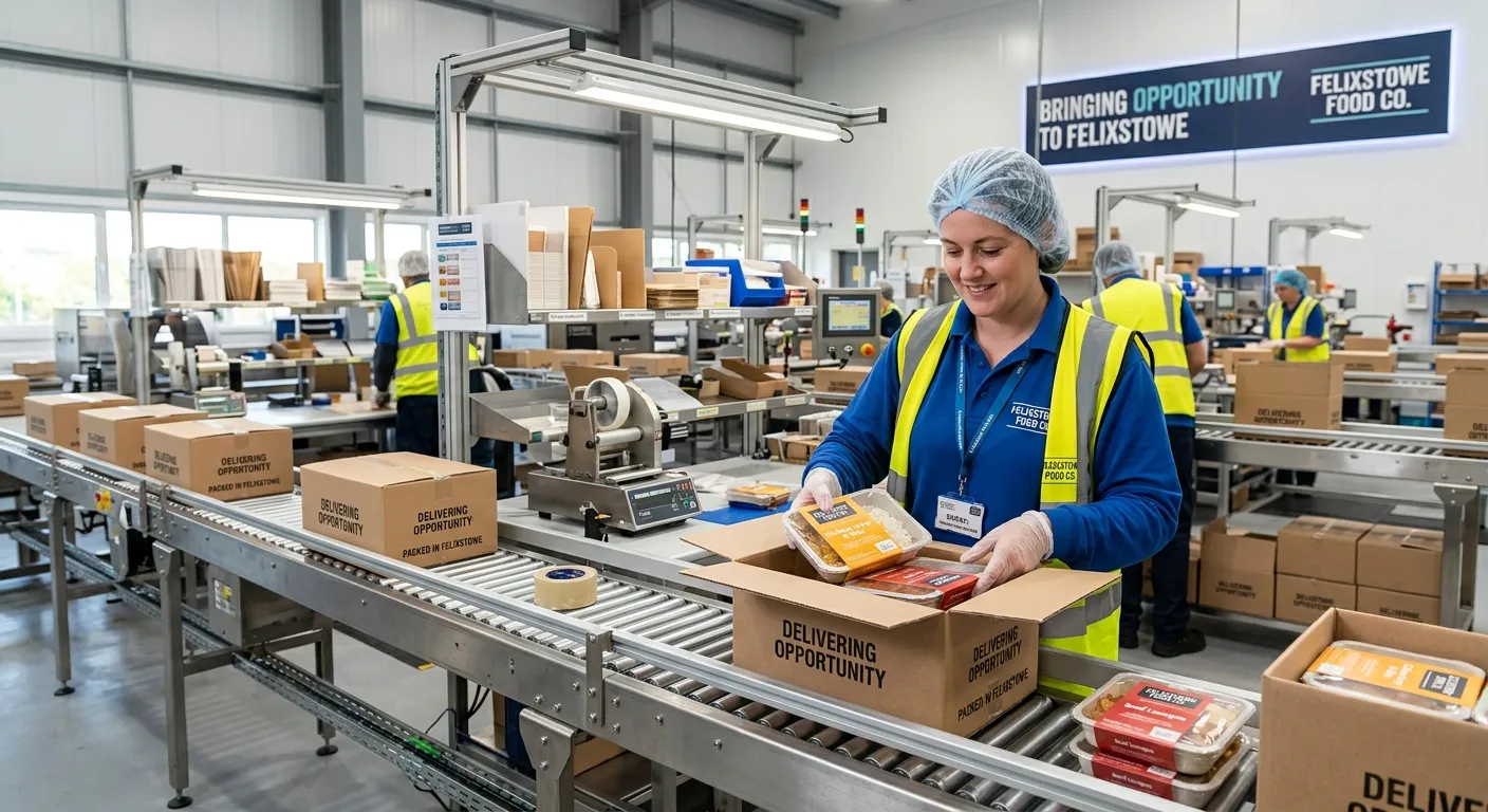 A professional, well-lit photo of a modern, clean food production line in Felixstowe, with a focused Production Packer safely and efficiently packing high-quality prepared meals into boxes, conveying a sense of order and opportunity.