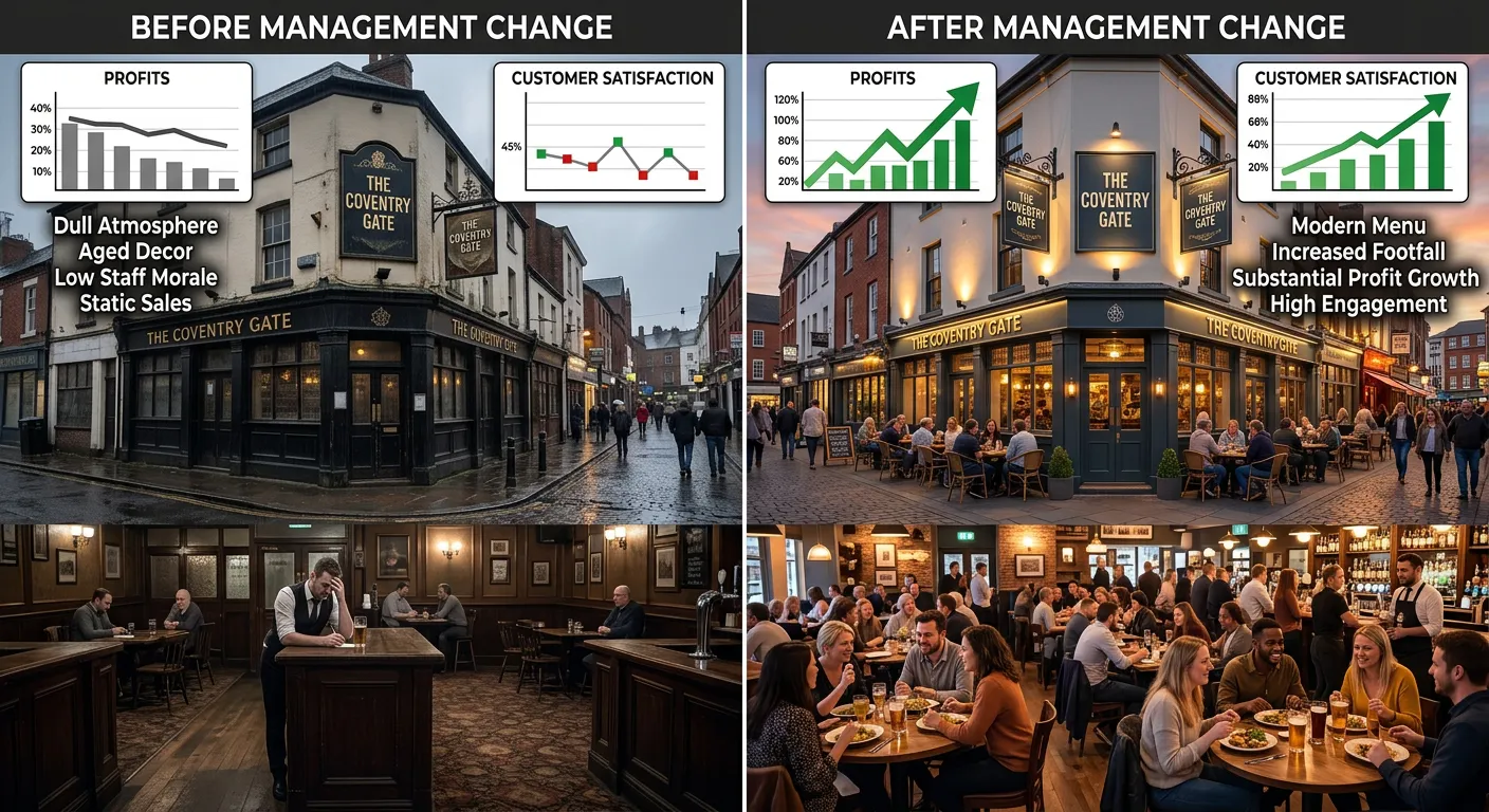 A contrasting split-image showing the exterior and bustling interior of a successful Coventry gastropub before and after a management change, with graphs overlay showing profit and satisfaction growth.