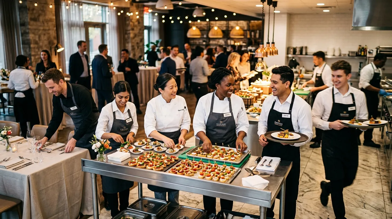 A dynamic, professional hero image showing a diverse team of catering and hospitality professionals collaborating in a modern kitchen or event space. The mood is energetic, focused, and successful, with a slight blur effect on the background to highlight the foreground team.