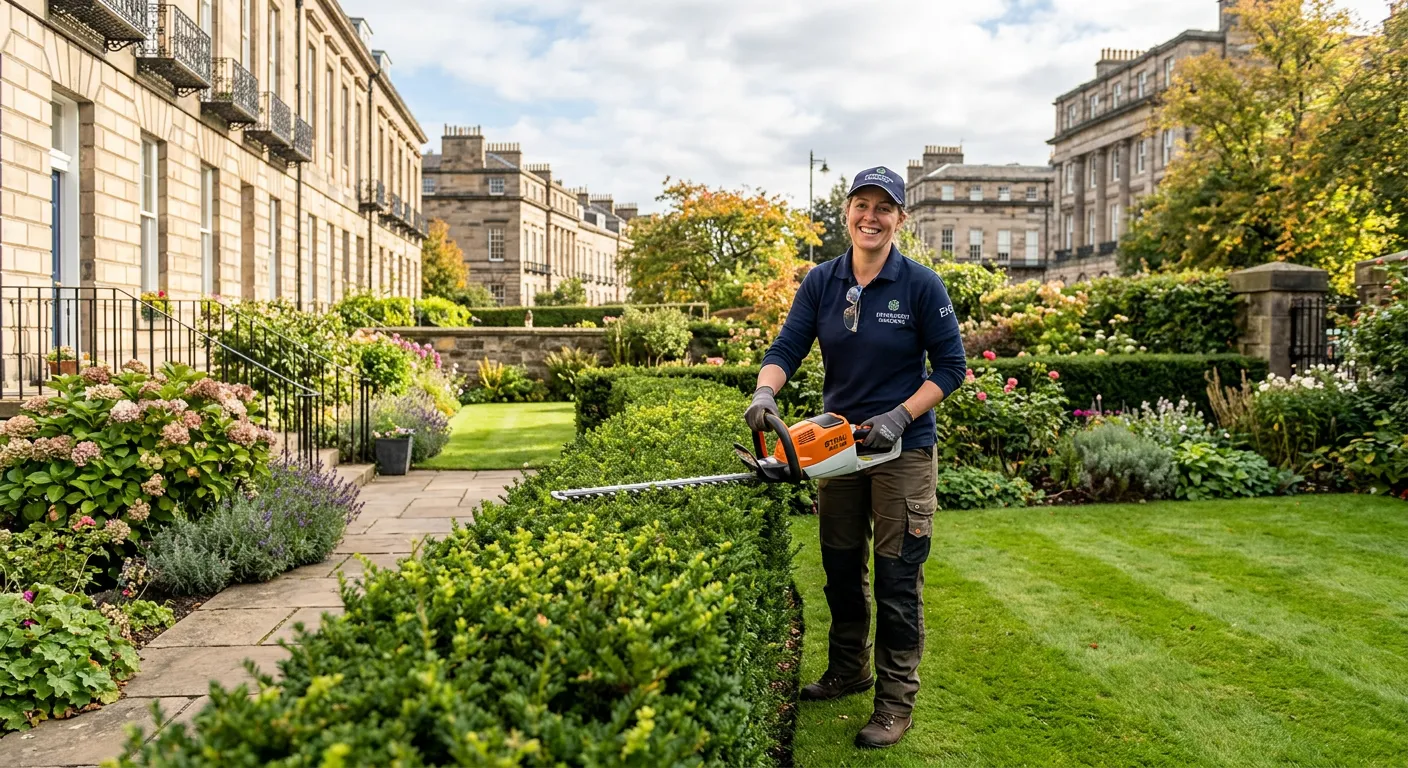 A professional, high-quality photograph of a Gardener/Landscaper in Edinburgh, working on a pristine... A professional, high-quality photograph of a Gardener/Landscaper in Edinburgh, working on a pristine garden in the EH2 postcode area, perhaps near the New Town. The worker is smiling, wearing branded PPE, using a modern lawnmower or hedge trimmer. The image conveys professionalism, satisfaction, and the beauty of Edinburgh's green spaces.