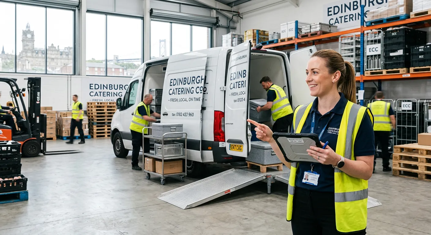 Professional, high-energy photo of a Logistics Coordinator in a busy catering warehouse in Edinburgh, checking a tablet and supervising the loading of a delivery van. Bright, clean, and modern atmosphere.