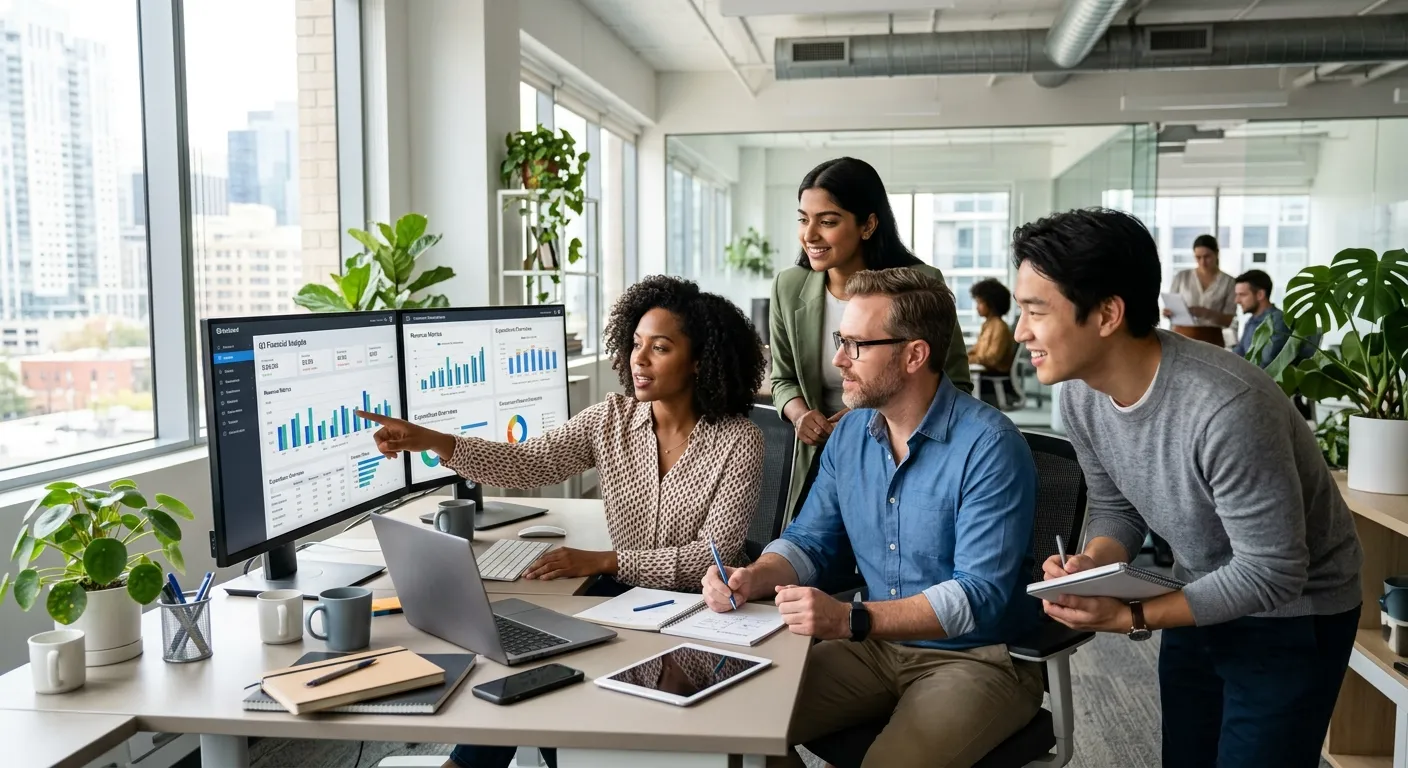 A professional, diverse team of office staff working collaboratively in a modern, bright office environment, focusing on a computer screen showing financial reports. The mood is efficient, friendly, and professional.