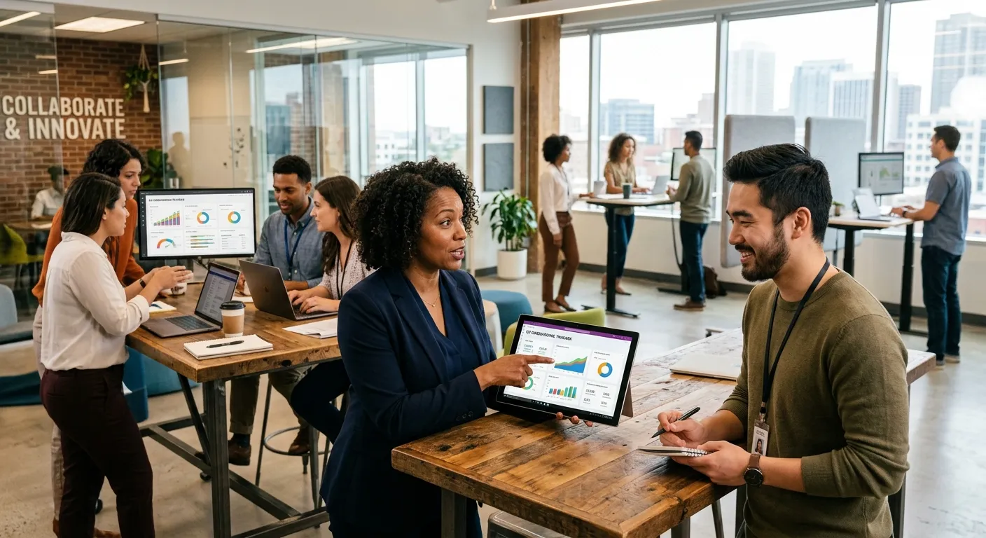 A modern, dynamic office setting with a diverse team collaborating. A manager is reviewing data on a... A modern, dynamic office setting with a diverse team collaborating. A manager is reviewing data on a tablet while speaking with a newly onboarded specialist. Style: professional, vibrant, and focused on human connection and technology. Mood: productive, innovative, and scalable.