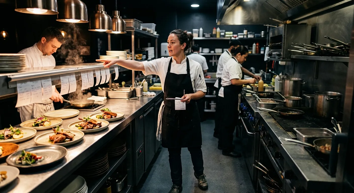 A dynamic, professional kitchen scene in sharp focus. A confident Sous Chef in whites is expediting orders, pointing towards a cook, with a bustling, well-organized kitchen in the background. Moody lighting highlights steam and action.