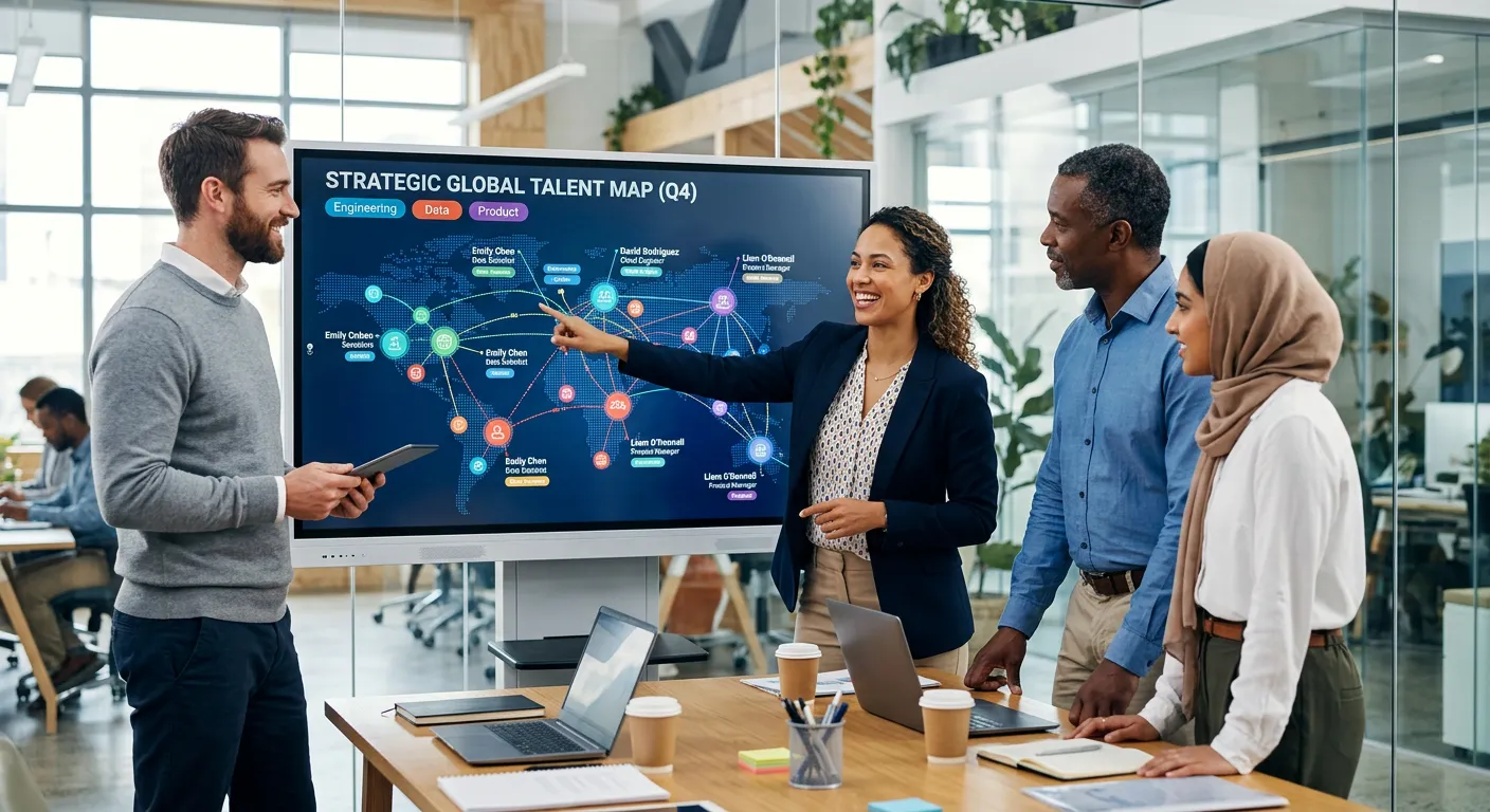 A modern, high-contrast hero image showing a diverse team of professionals in a bright, collaborative office environment, with one person pointing to a digital talent map on a large screen, symbolizing strategic sourcing. Style: professional, dynamic, optimistic mood.