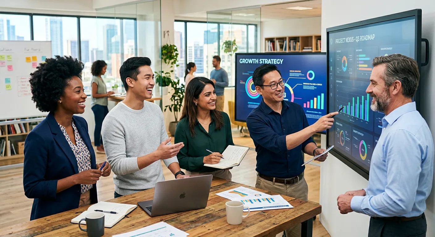 A modern, diverse team of professionals in a bright, collaborative office setting, smiling and discu... A modern, diverse team of professionals in a bright, collaborative office setting, smiling and discussing a project on a digital screen. Style: Professional, optimistic, high-contrast photography.
