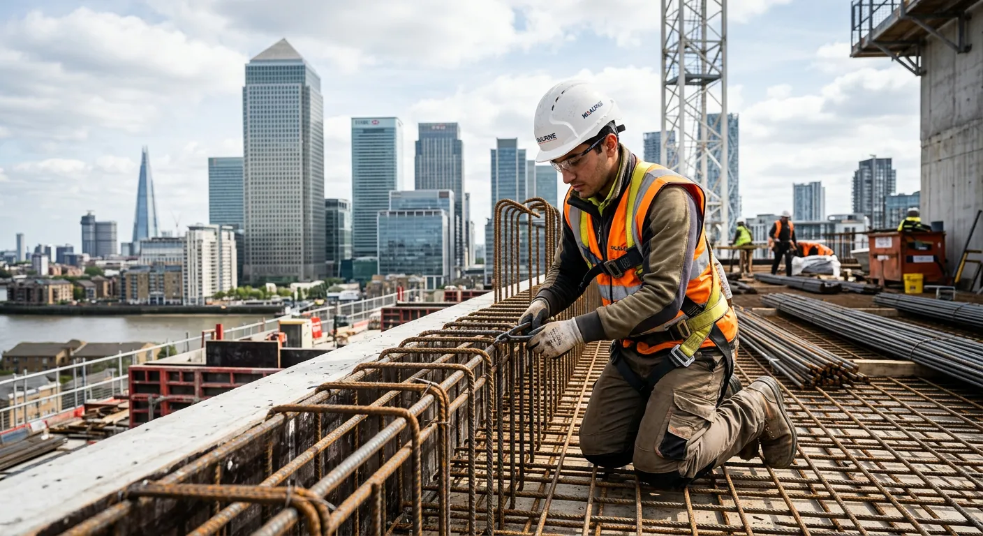 A professional, high-resolution photo of a skilled steel fixer at work on a modern construction site in Canary Wharf, London. The image should show the individual safely wearing a hard hat and hi-vis vest, expertly positioning and securing steel reinforcement bars (rebar) against the backdrop of iconic skyscrapers. Style: Realistic, inspiring, and showcasing skilled craftsmanship. Mood: Professional, industrious, and in-demand.
