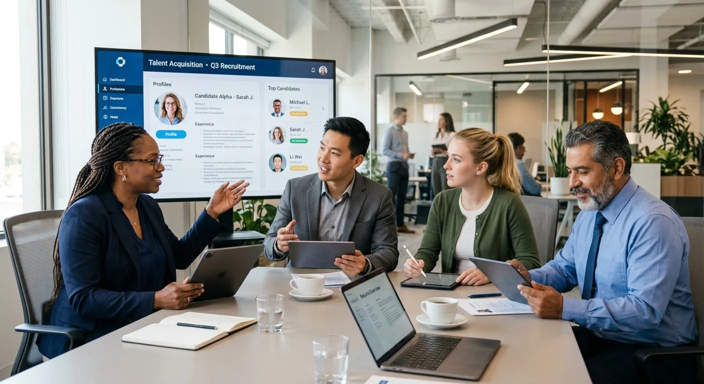 A diverse group of professional HR managers and recruiters in a modern office, collaboratively revie... A diverse group of professional HR managers and recruiters in a modern office, collaboratively reviewing candidate profiles on digital tablets and screens. Style is professional, bright, and focused, with a mood of strategic efficiency and teamwork.