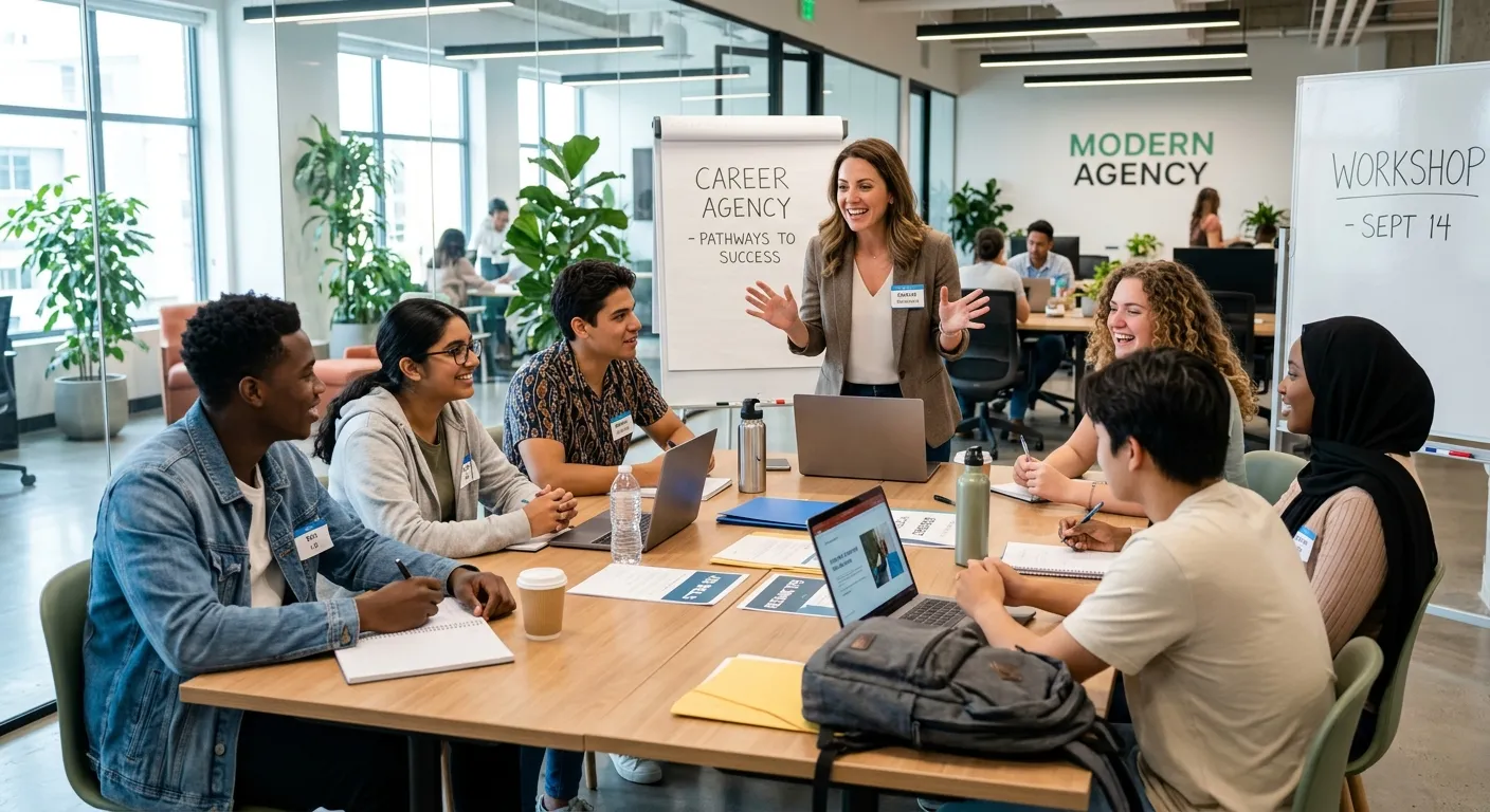 A diverse group of enthusiastic young adults, aged around 17-19, engaged in a professional workshop... A diverse group of enthusiastic young adults, aged around 17-19, engaged in a professional workshop or training session with a friendly agency recruiter. Modern office setting, bright and optimistic mood.