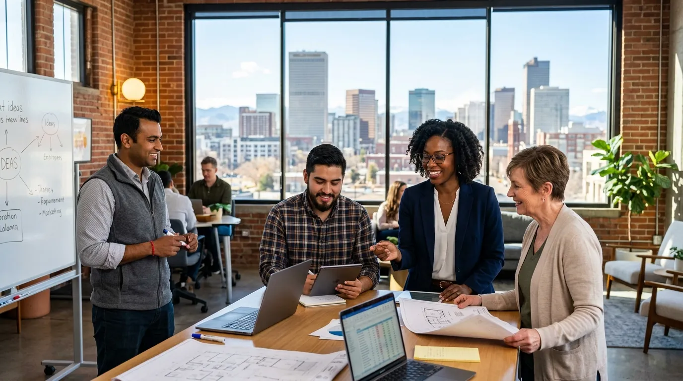 A dynamic, professional hero image showing a diverse group of temporary workers collaborating in a modern Denver office or light industrial setting, with the Denver skyline visible through a window. Style: Professional, vibrant, and aspirational.