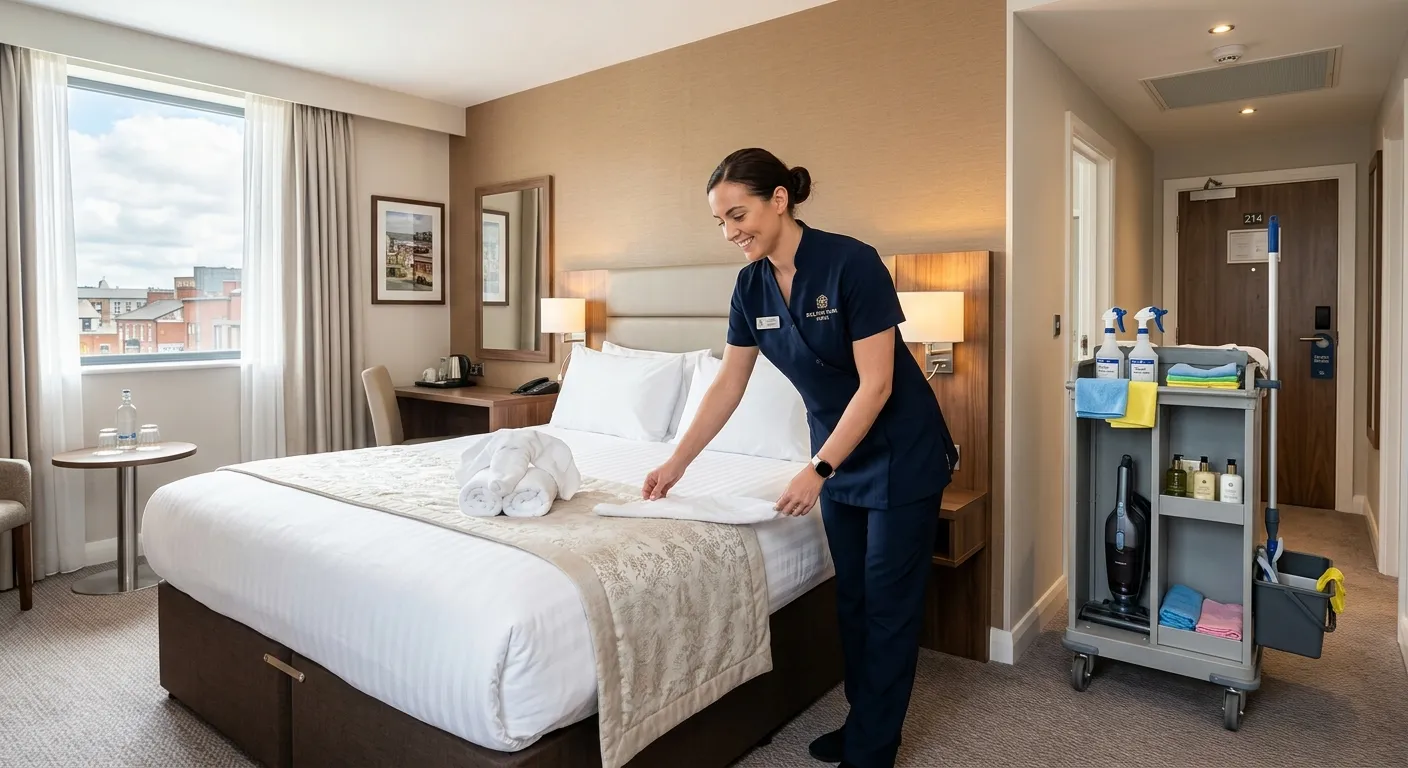 A professional and welcoming image of a spotlessly clean, well-lit hotel room in a Bolton hotel, showing a Room Attendant in a neat uniform meticulously arranging pillows on a bed, with cleaning supplies neatly organised on a cart in the hallway. Style: Clean, bright, professional. Mood: Trustworthy, efficient, and detail-oriented.