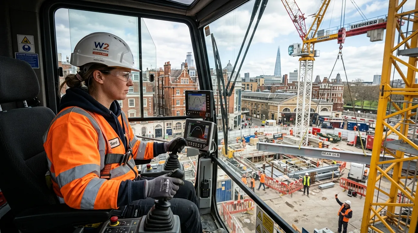 A professional, action-oriented hero image showing a skilled crane operator at work in a London W2 construction setting, focusing on safety gear and precision operation, conveying reliability and expertise.