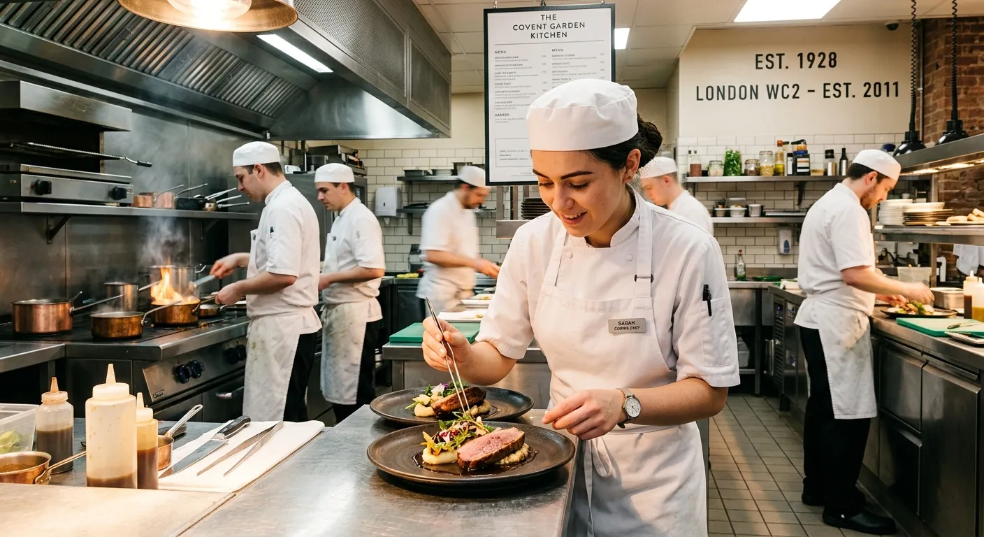 A professional, well-lit kitchen in a London WC2 restaurant or hotel, showing a Commis Chef in a crisp white uniform carefully plating a dish, with a team of chefs working harmoniously in the background. The mood is energetic, professional, and aspirational.